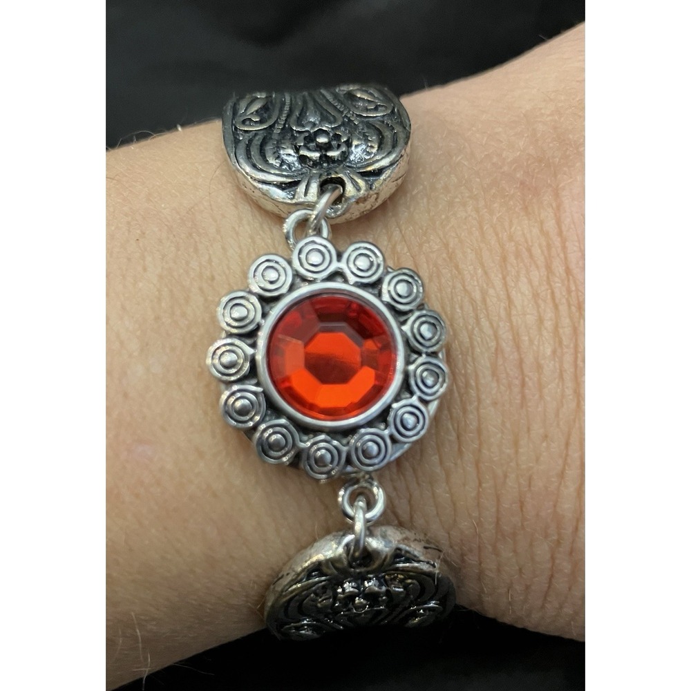 Red Rhinestone Crystal Fleur de Lis Silver Spoon Magnet Closure French Bracelet